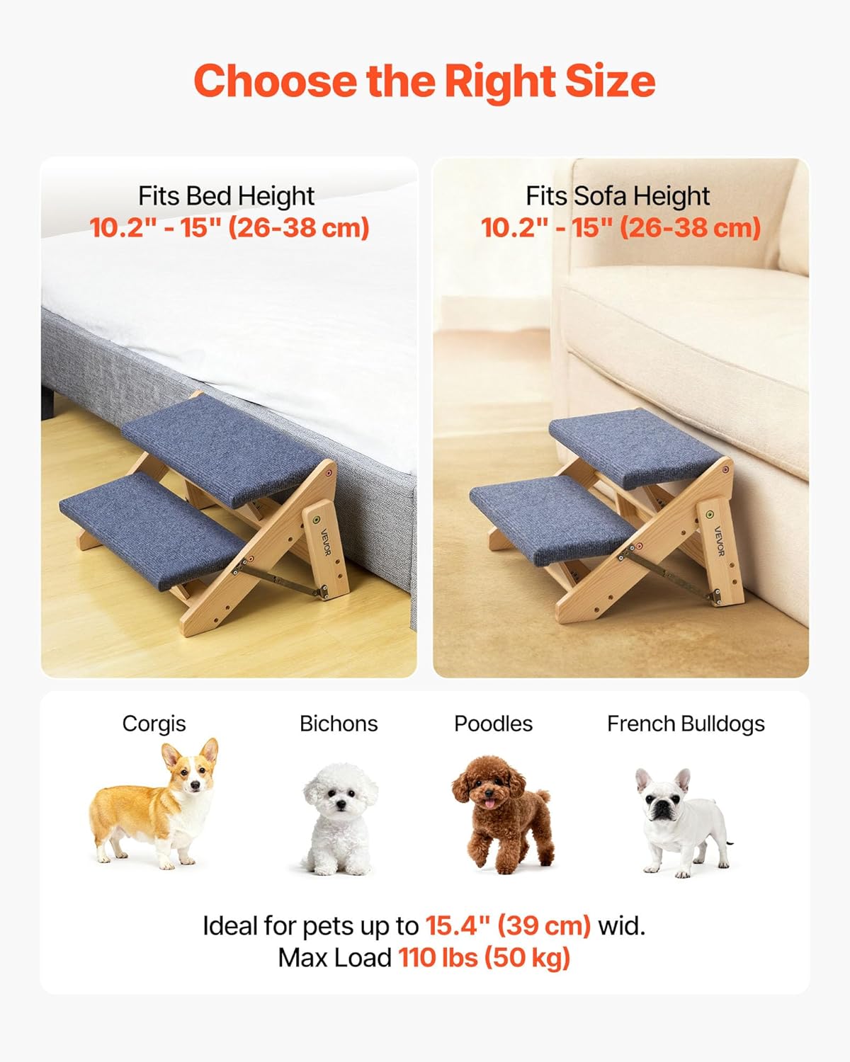 Dog steps with size chart for bed and sofa height, featuring Corgis, Bichons, Poodles, and French Bulldogs at Pet Servo