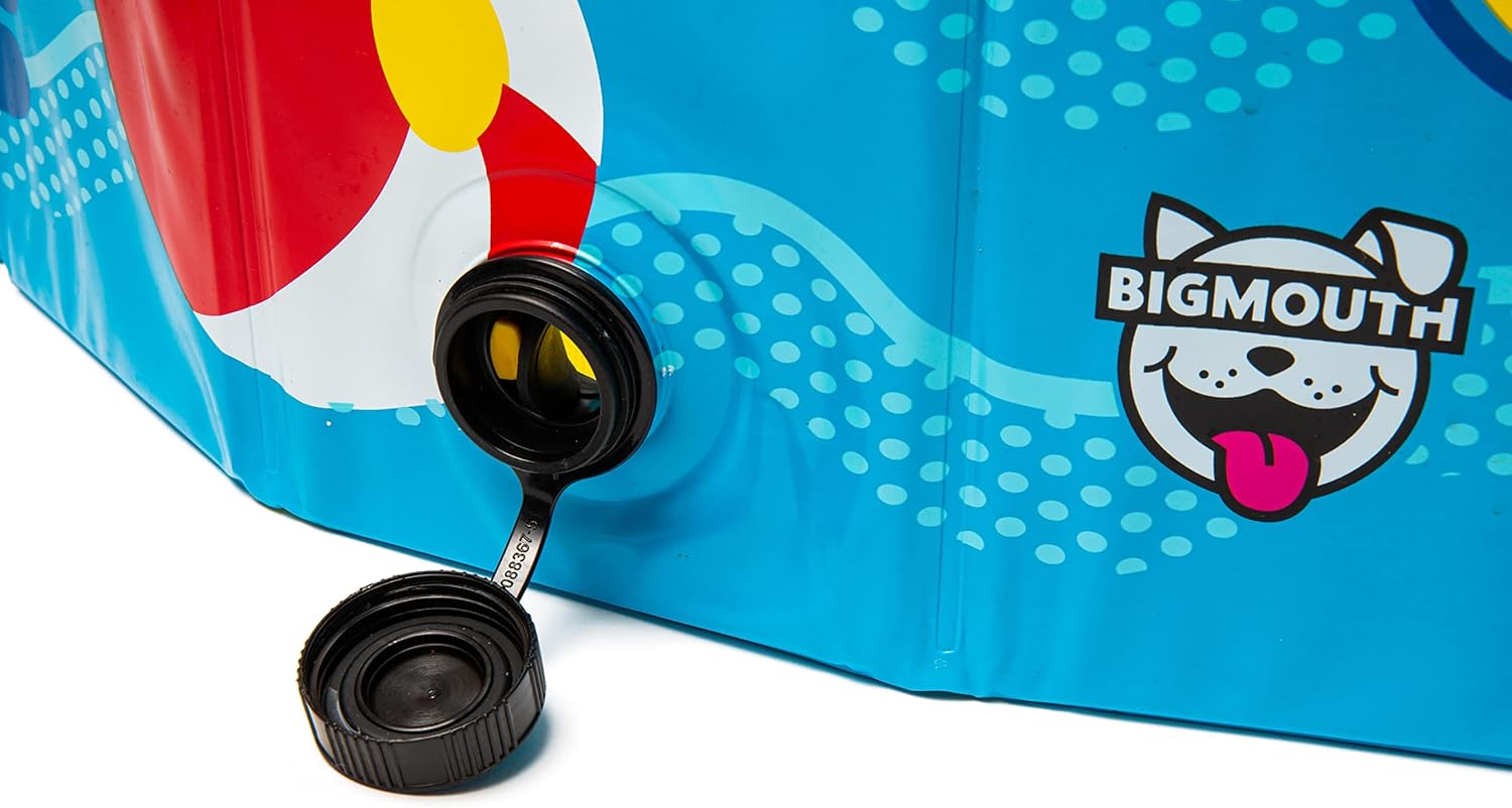 Close-up of a blue inflatable pool with a Bigmouth logo on a white background at Pet Servo