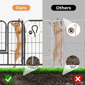 A comparison graphic showing a dog gate with a dog behind it, labeled 'Ours' on the left and 'Others' on the right. The left gate is black and described as strong and stable, with a green check mark at Pet Servo