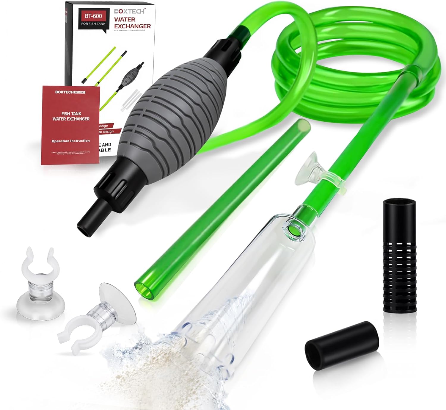 Aquarium water exchange tool set with green hose, clear tube, and black components on a white background at Pet Servo