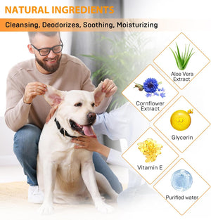 Man petting a dog with natural ingredients for pet care products displayed on a white background at Pet Servo