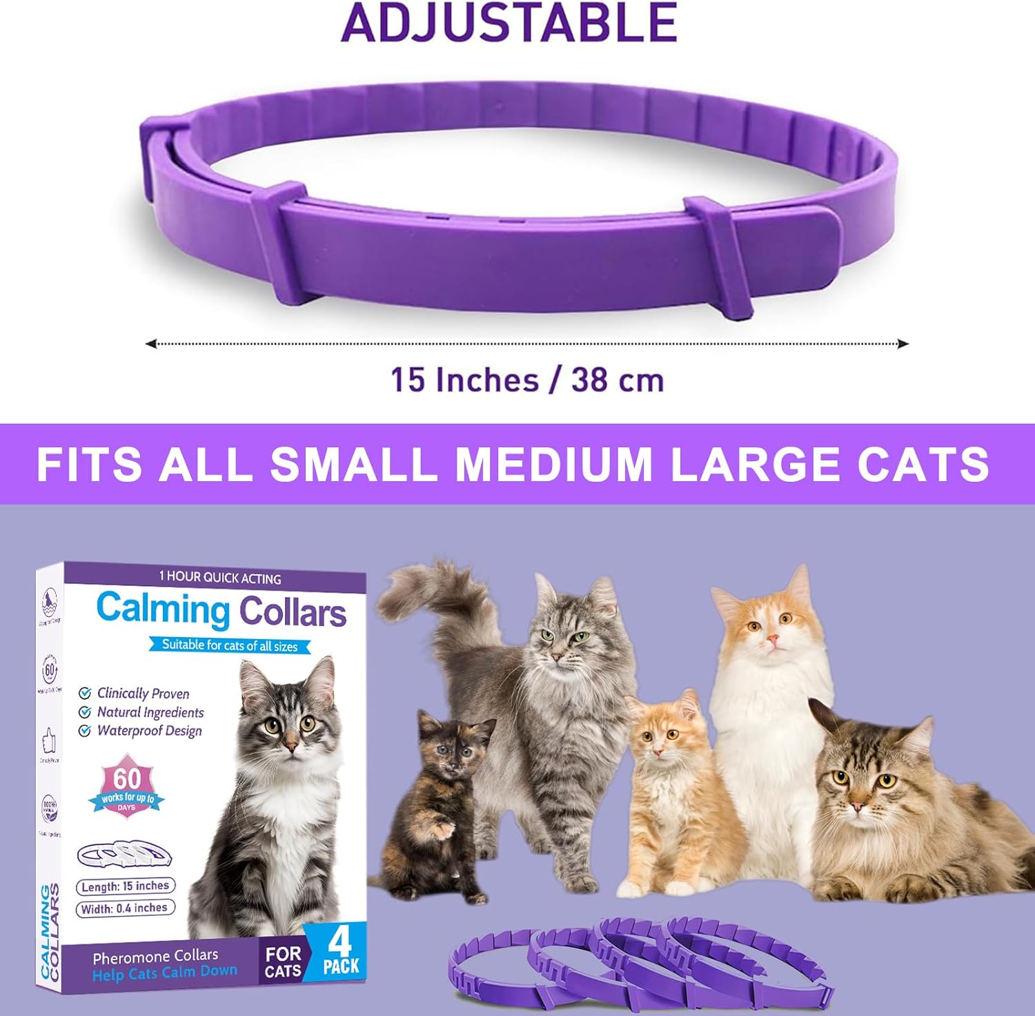 Purple cat collar with packaging and images of cats on a white background at Pet Servo