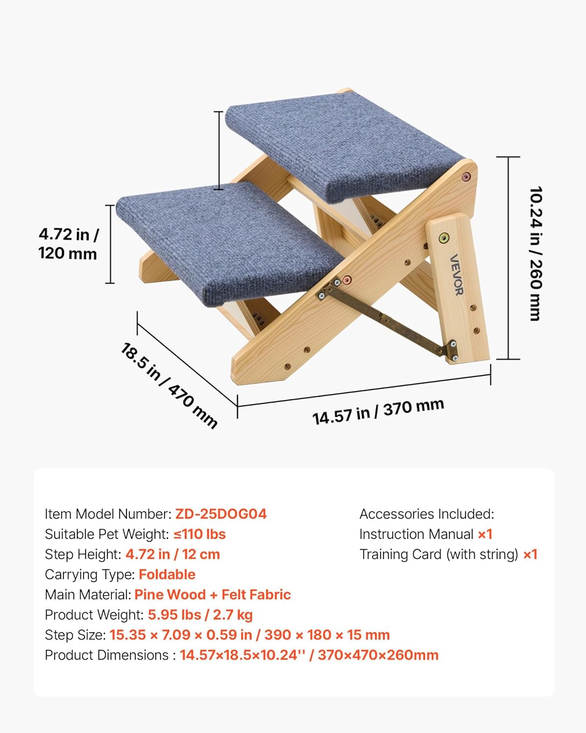 Wooden pet step with blue cushioned platforms and dimensions displayed at Pet Servo