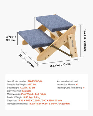 Wooden pet step with blue cushioned platforms and dimensions displayed at Pet Servo