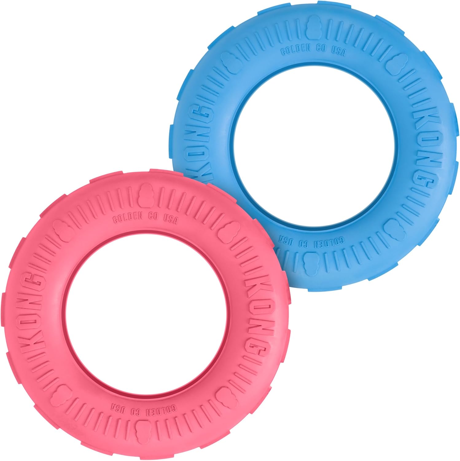 Two KONG dog toys, one pink and one blue, on a white background at Pet Servo