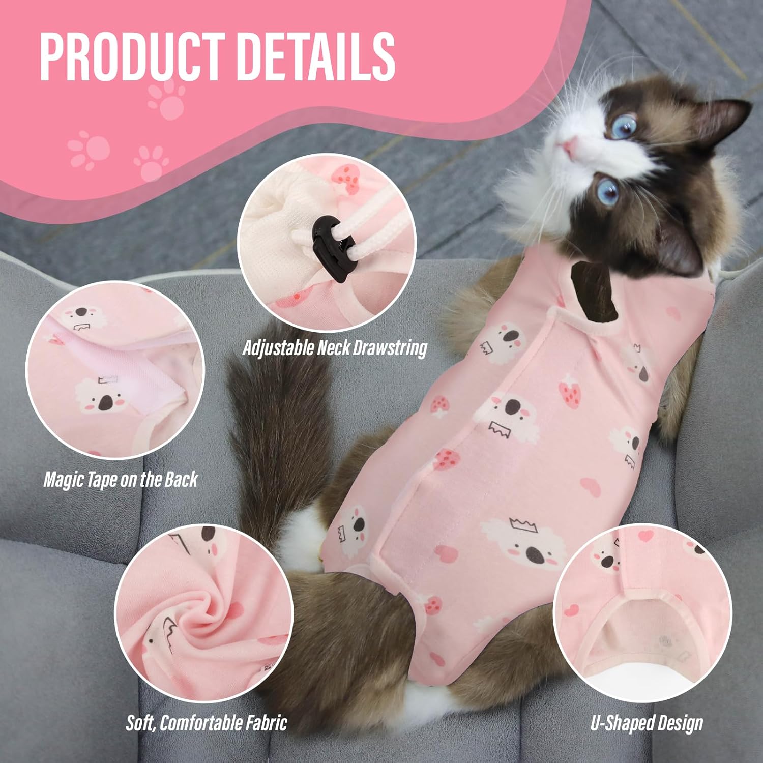 Cat wearing a pink outfit with product details on a gray surface at Pet Servo
