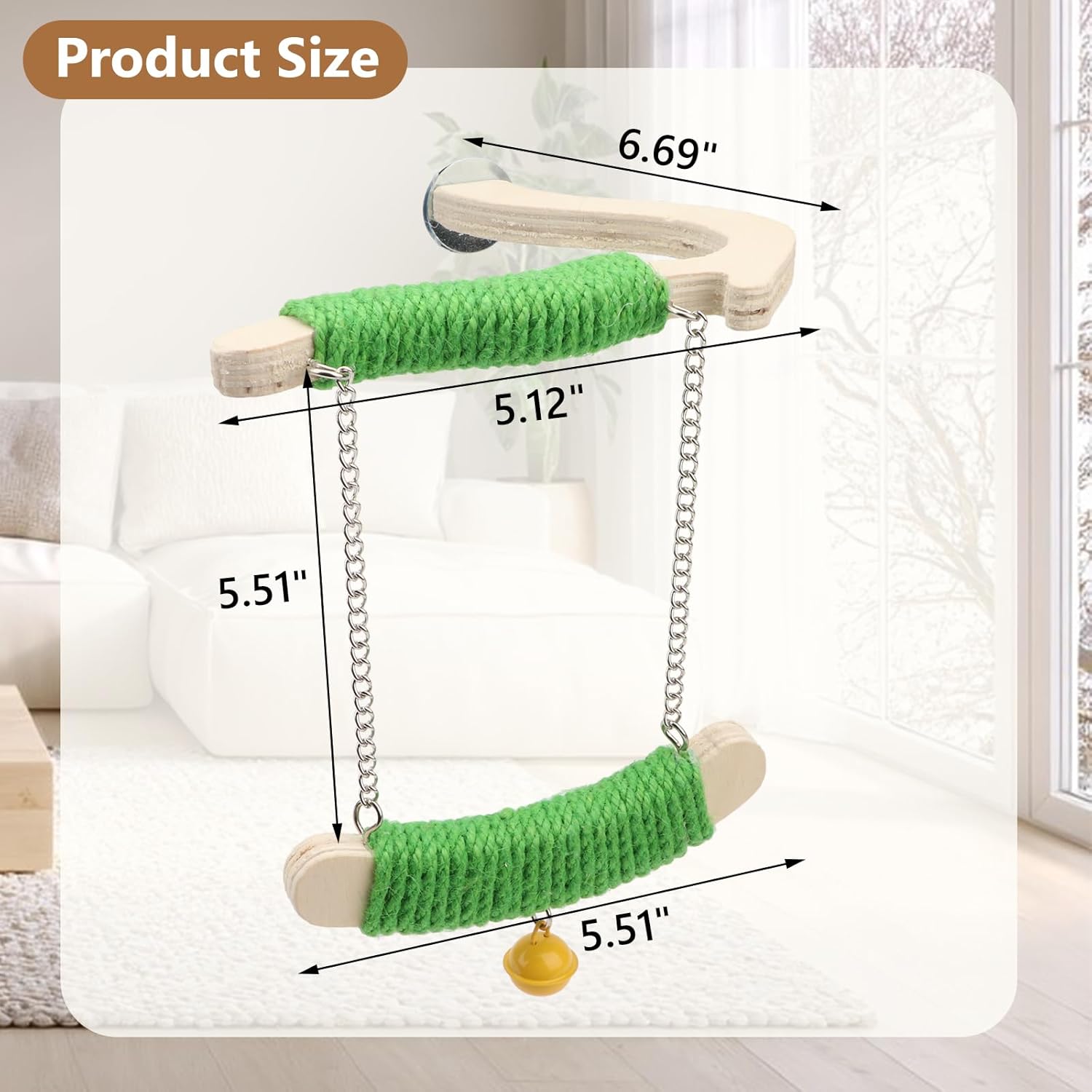 Pet climbing toy with green textured rungs and wooden steps, shown with measurements on a white background at Pet Servo