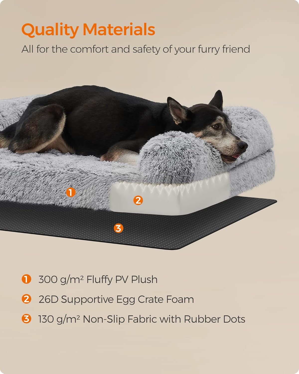 Dog lying on a plush pet bed with material details highlighted at Pet Servo