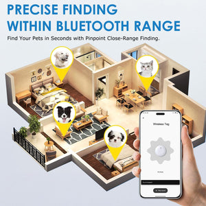 Smart pet tracking device with app on smartphone showing indoor layout and pets' locations at Pet Servo