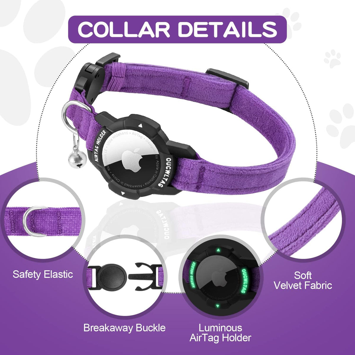 Purple dog collar with a black breakaway buckle and an integrated circular AirTag holder, shown with labeled detail callouts including safety elastic, breakaway buckle, luminous AirTag holder, and soft velvet fabric at Pet Servo