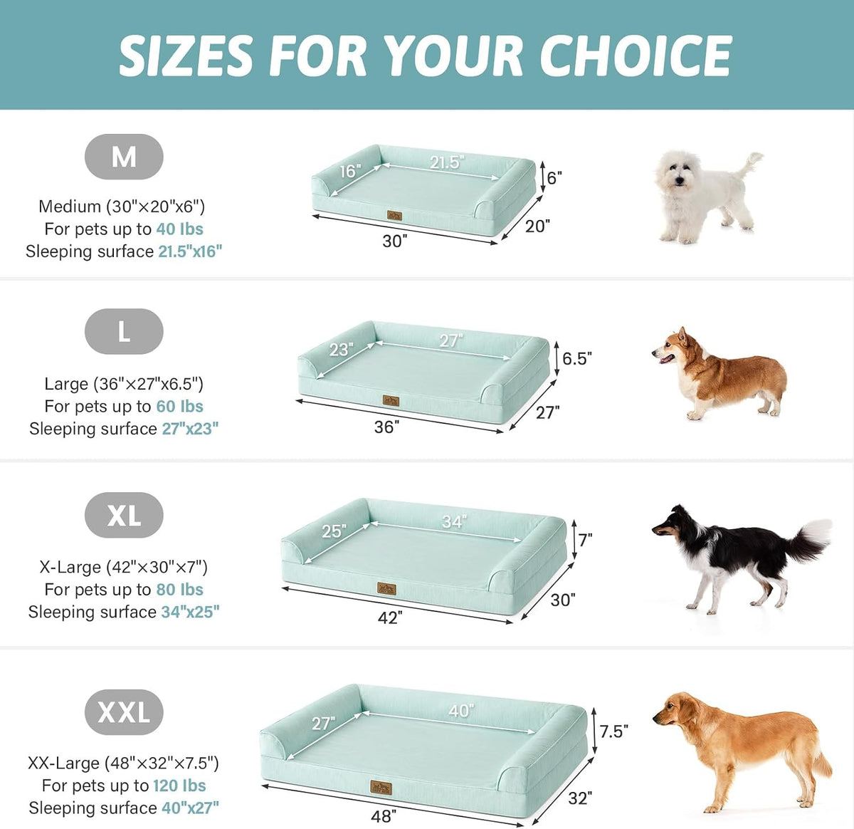 Dog bed size chart with measurements and corresponding dog sizes at Pet Servo