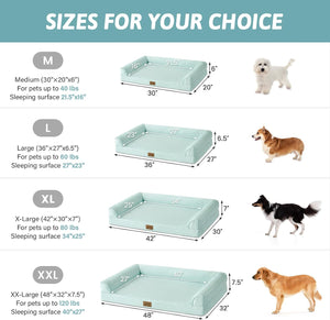 Dog bed size chart with measurements and corresponding dog sizes at Pet Servo
