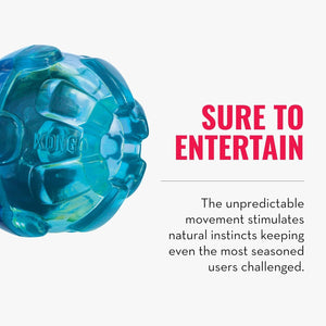 Blue KONG dog toy with text about entertainment and stimulation on a white background at Pet Servo