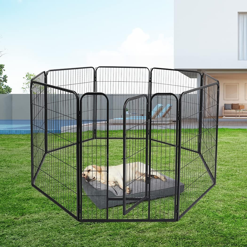 Black metal pet playpen with a dog inside on a grassy area at Pet Servo