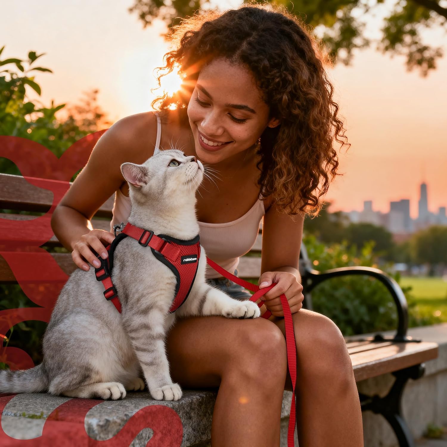 Woman sitting on a bench with a cat wearing a red harness, city skyline in the background at Pet Servo
