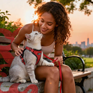 Woman sitting on a bench with a cat wearing a red harness, city skyline in the background at Pet Servo