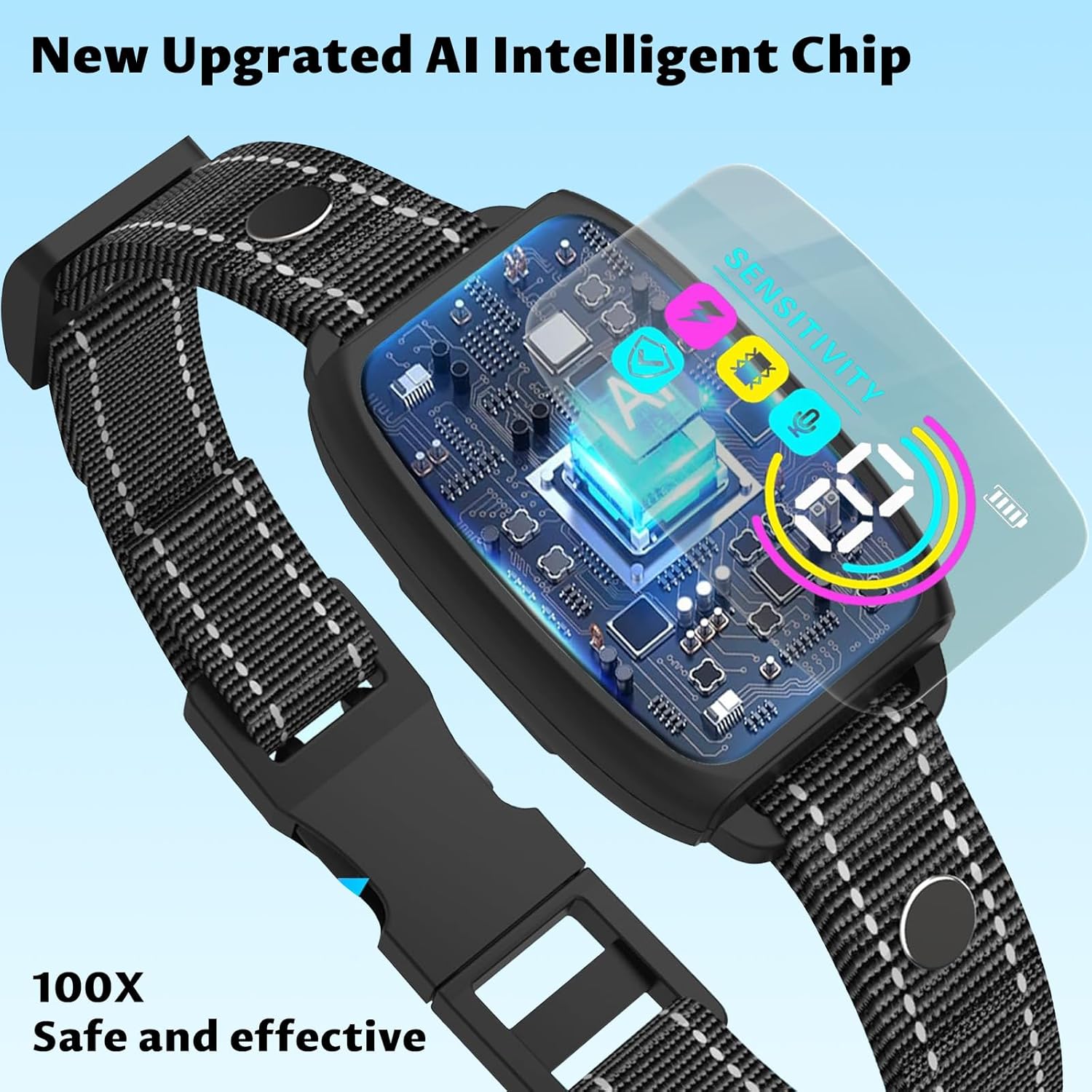 Smartwatch with AI intelligent chip display on a light blue background at Pet Servo