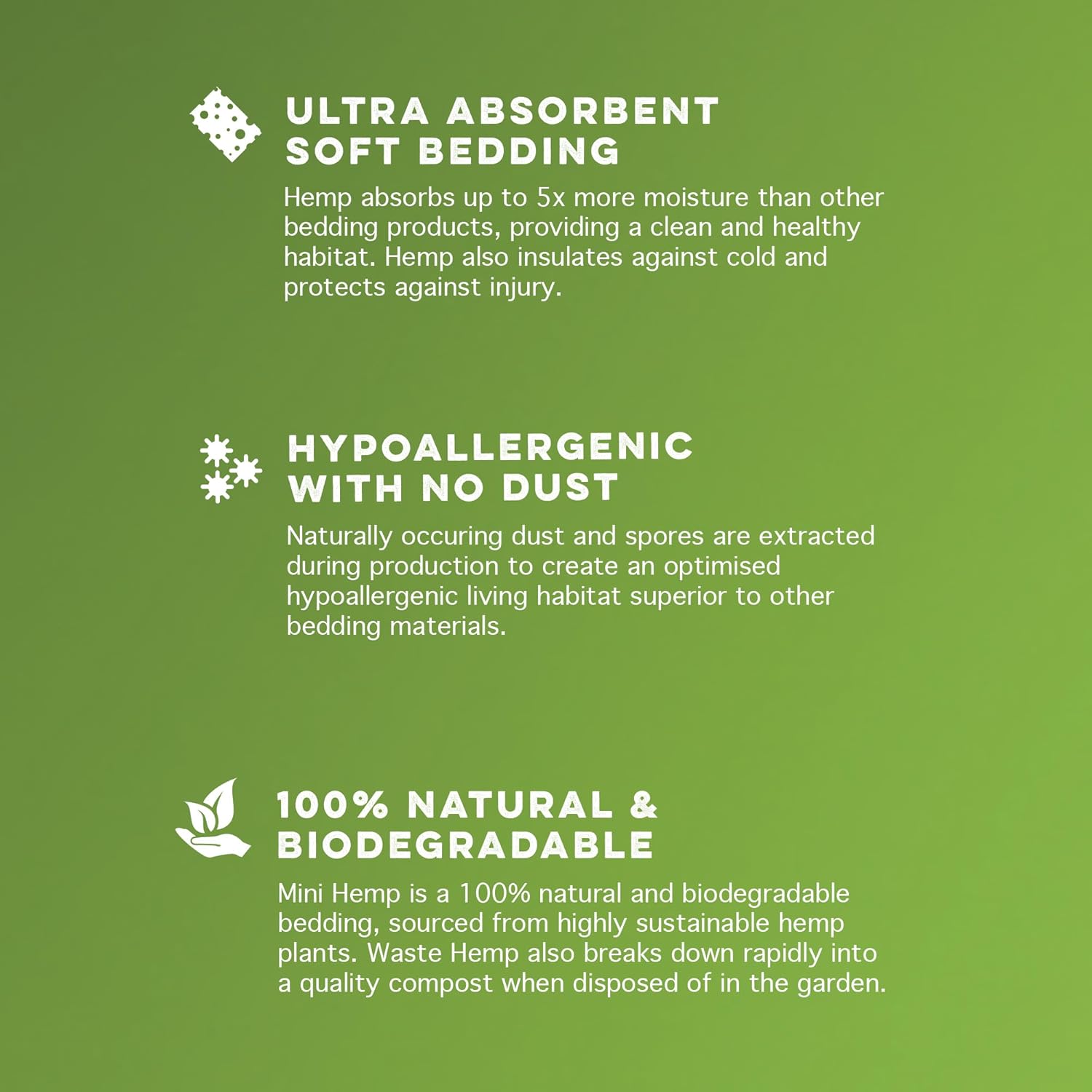 Green background with text about ultra-absorbent soft bedding, hypoallergenic properties, and 100% natural and biodegradable nature on a green background at Pet Servo