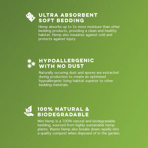 Green background with text about ultra-absorbent soft bedding, hypoallergenic properties, and 100% natural and biodegradable nature on a green background at Pet Servo