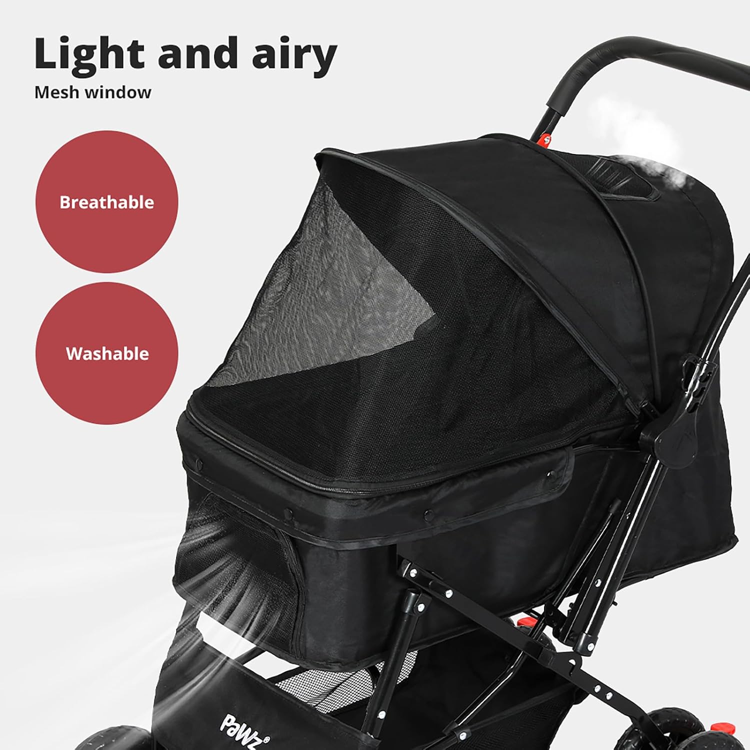 Black stroller canopy with mesh window and a light panel, shown on a stroller against a light gray background with text reading 'Light and airy Mesh window' and circular badges saying 'Breathable' and 'Washable' at Pet Servo