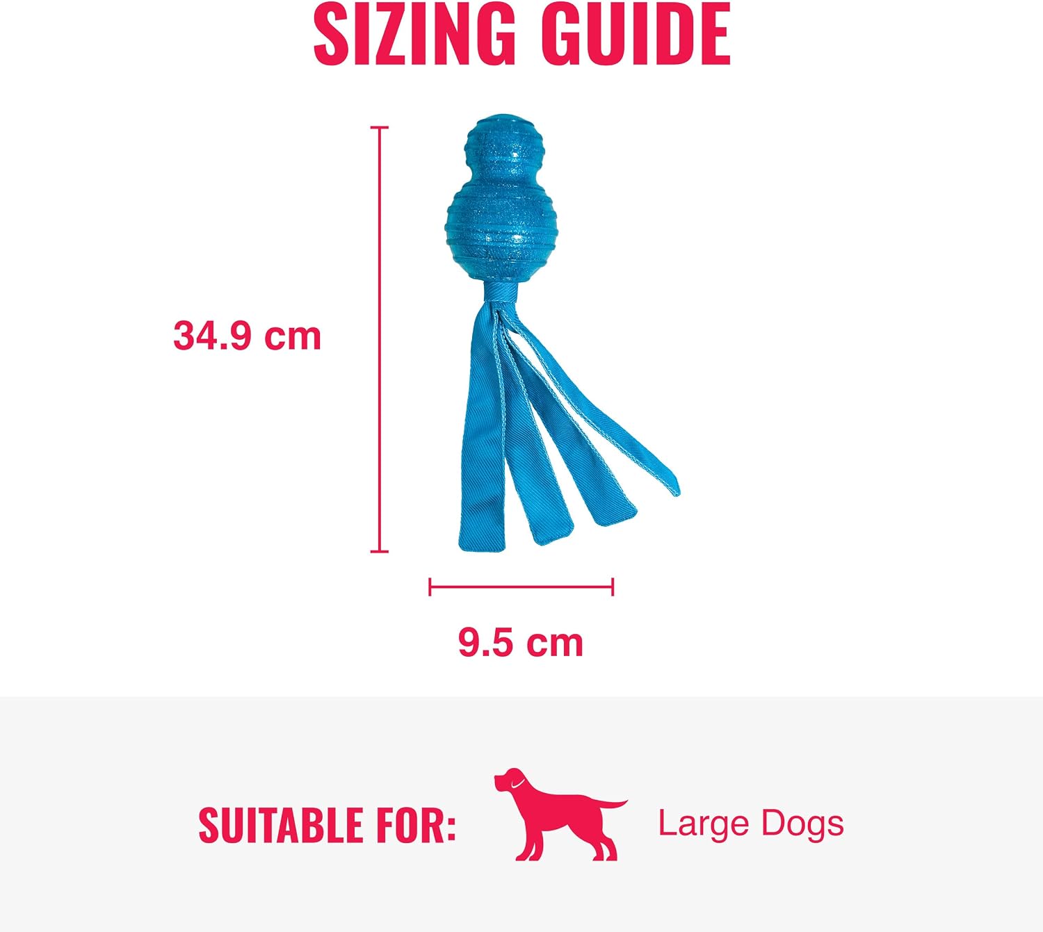 A blue rubber dog toy with a knotted ball top and four long ribbon tails, shown on a white background with red measurement labels indicating 34.9 cm height and 9 at Pet Servo