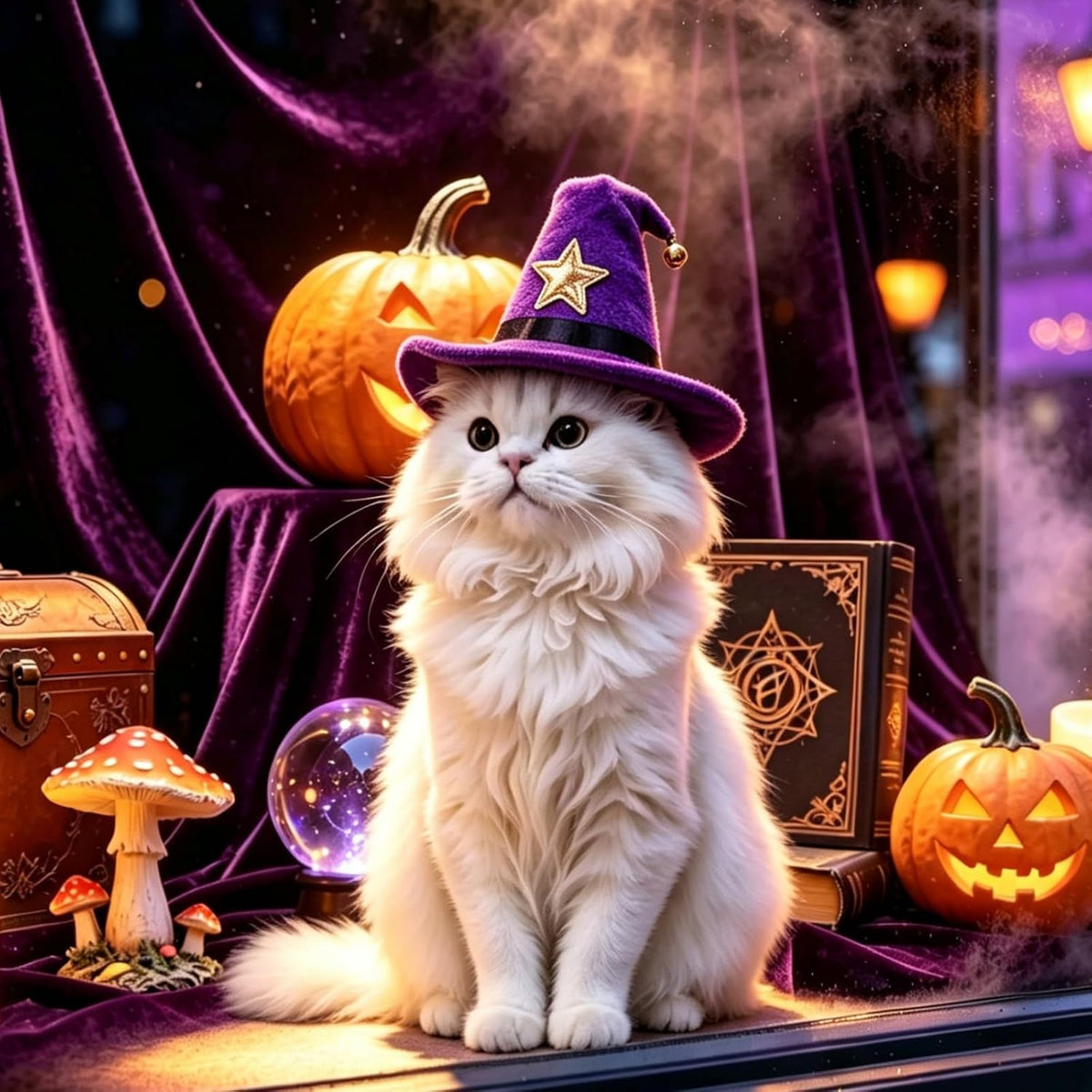 A fluffy white cat wearing a purple witch hat with a gold star, posed in a Halloween-themed scene with pumpkins, purple draped fabric, a book, mushrooms, and a crystal ball at Pet Servo