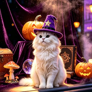 A fluffy white cat wearing a purple witch hat with a gold star, posed in a Halloween-themed scene with pumpkins, purple draped fabric, a book, mushrooms, and a crystal ball at Pet Servo