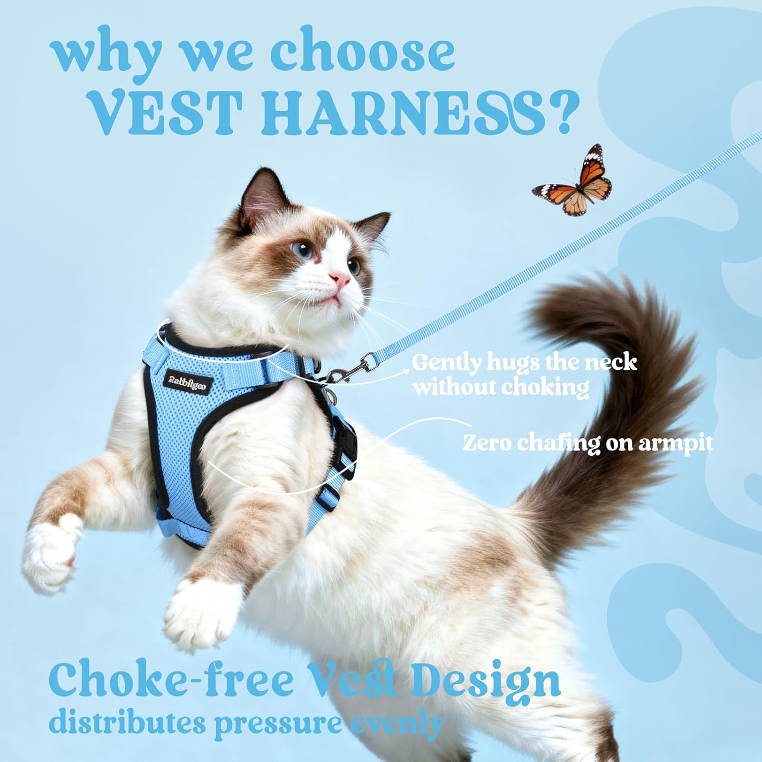 Cat wearing a blue harness with text explaining features on a light blue background at Pet Servo