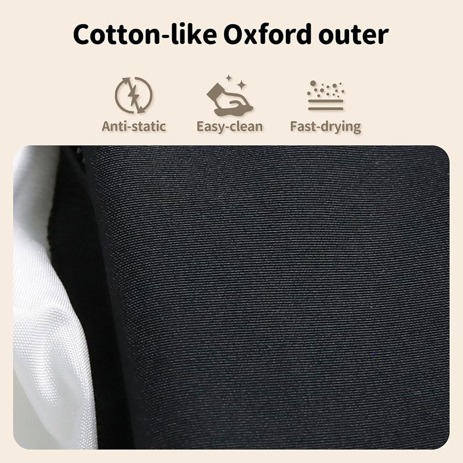 Cotton-like Oxford outer fabric with anti-static, easy-clean, and fast-drying icons on a beige background at Pet Servo