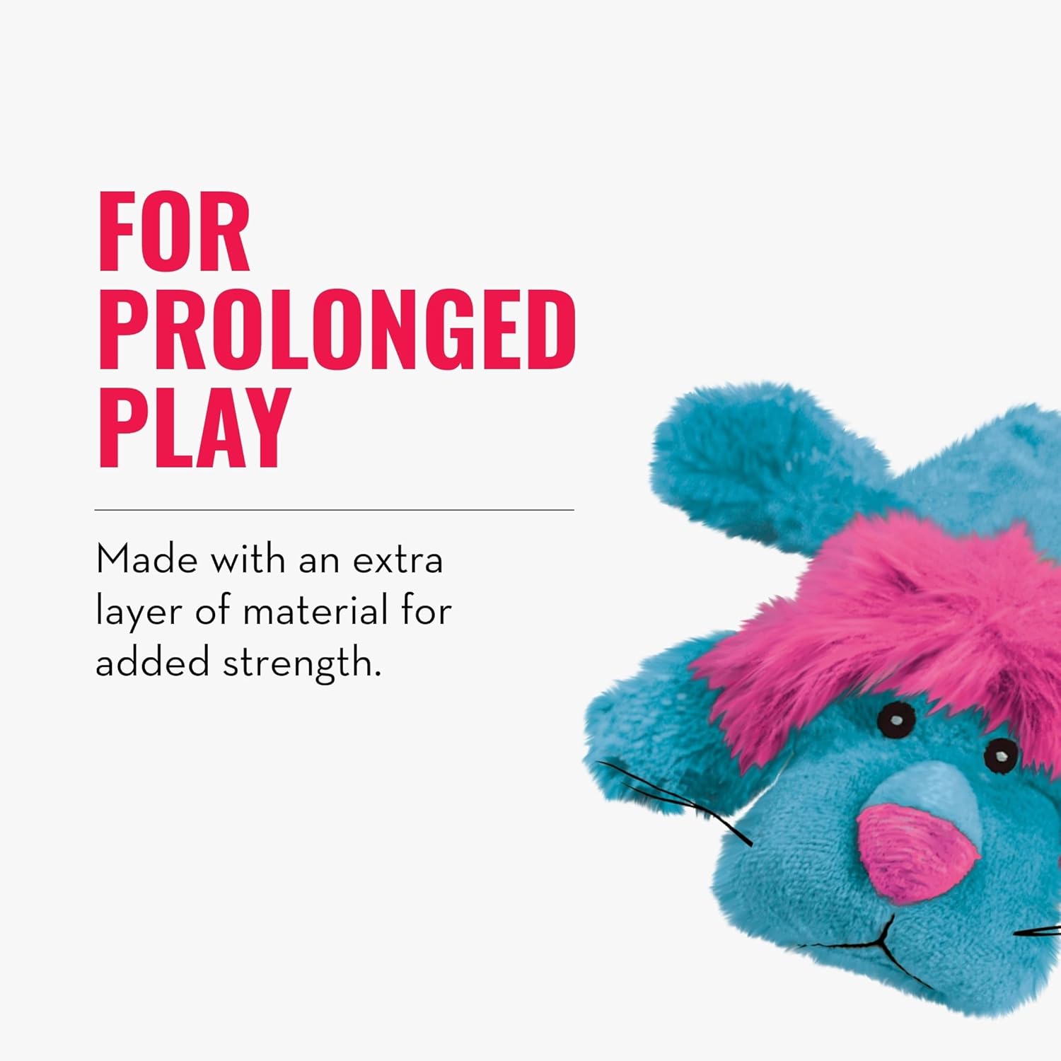 A close-up of a plush toy with bright blue fur and a fluffy pink mane, shown next to promotional text reading 'FOR PROLONGED PLAY' and 'Made with an extra layer of material for added strength.' on a light gray background at Pet Servo