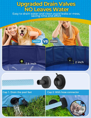 Pet playpen with upgraded drain valves and features comparison on a blue background at Pet Servo