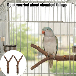 Bird perched on a branch in a cage with text 'Don't worried about chemical things' and inset showing bird toys at Pet Servo