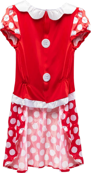 A red children's dress with white polka-dot sleeves and hem, a white ruffled collar, and two white buttons on the front, shown on a plain white background at Pet Servo
