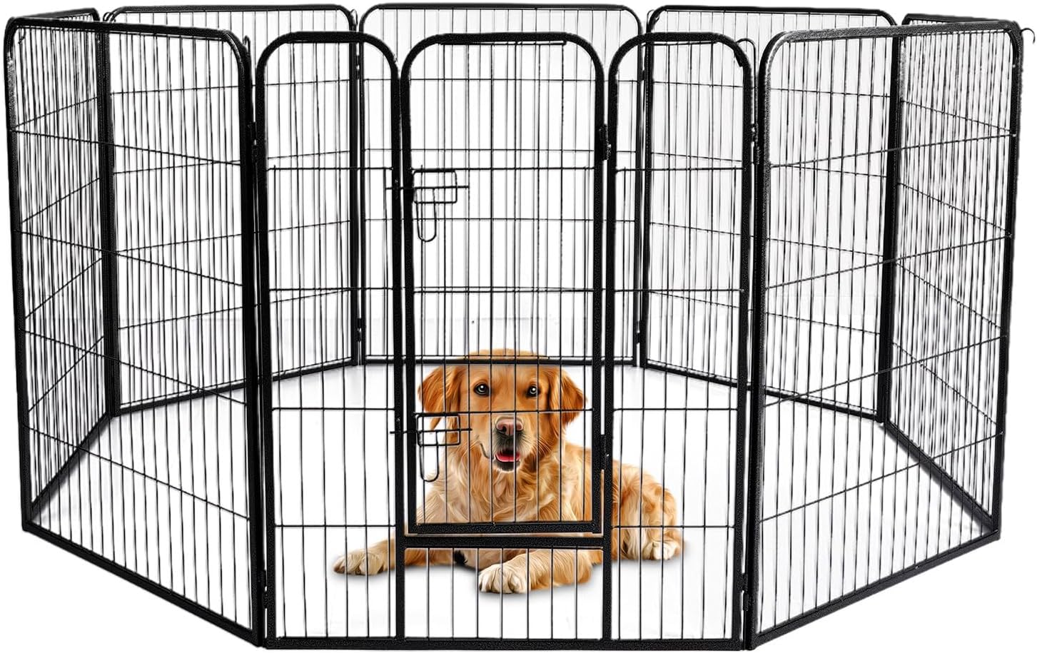 A black metal wire dog playpen with a gate, shown with a golden retriever puppy lying inside on a white background at Pet Servo