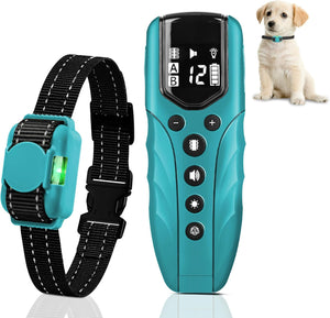 Teal electronic dog collar with remote control and a small dog on a white background at Pet Servo