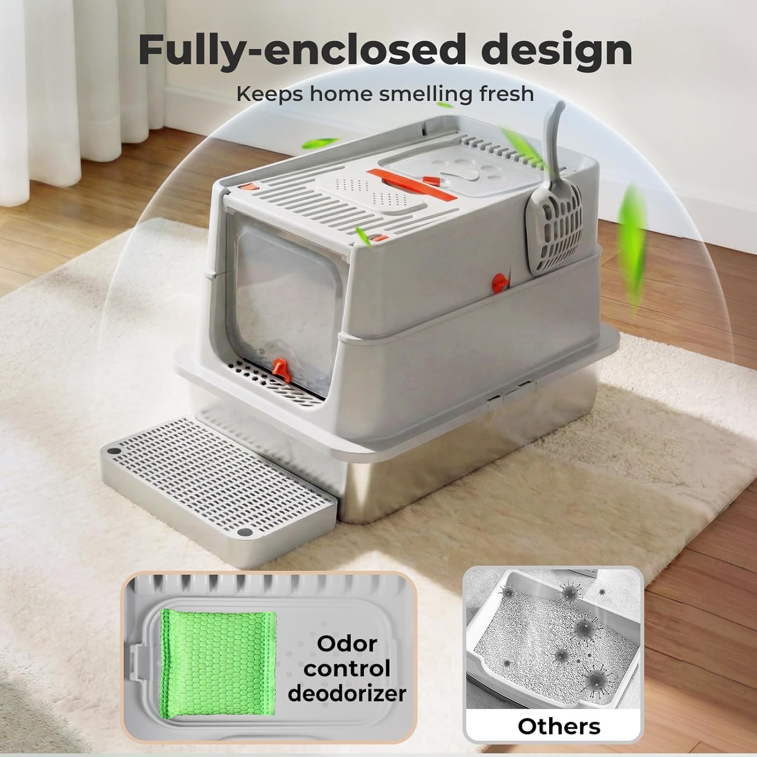 Pawz - XL Stainless Steel Cat Litter Box with Lid, Anti-Leakage Hooded Metal Litter Pan (Grey) at Pet Servo