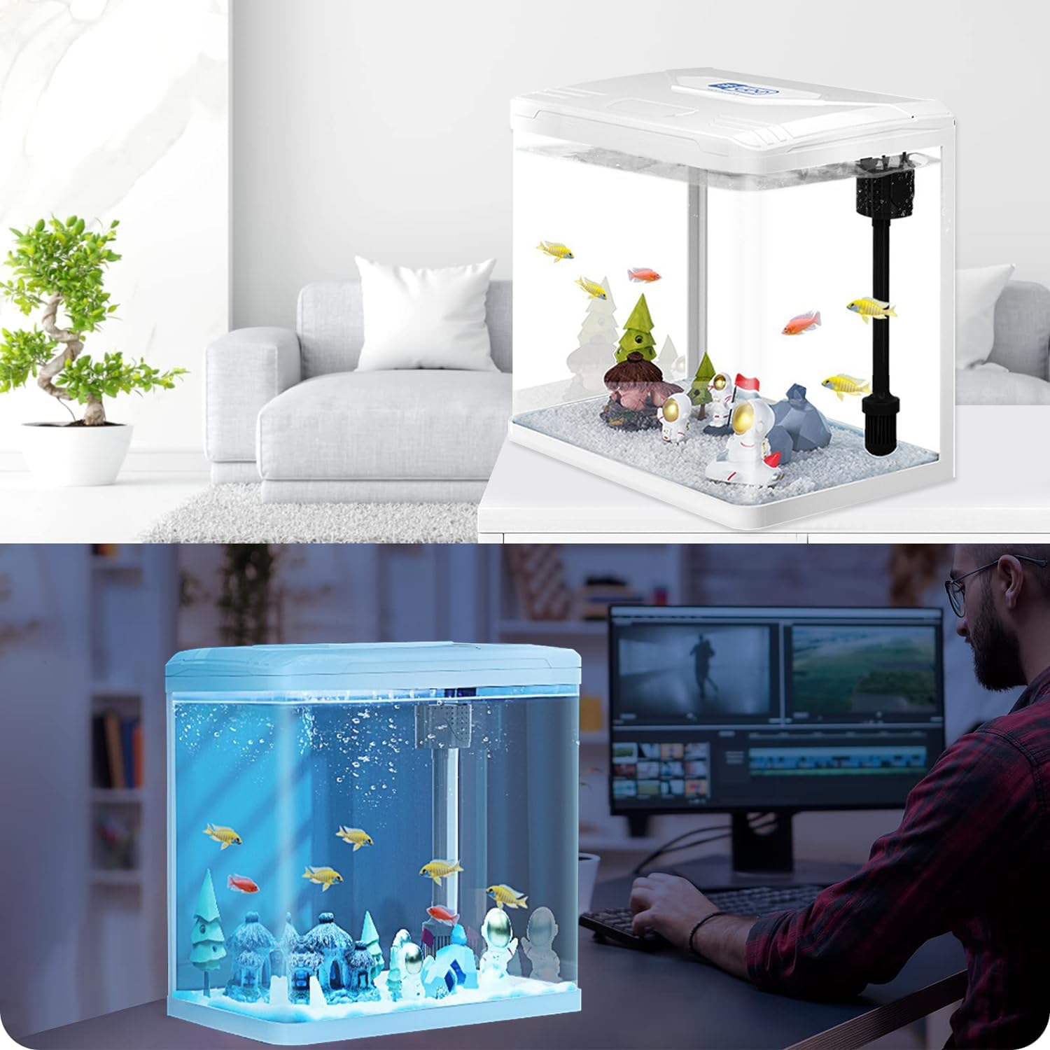 Small aquarium with decorative elements on a table, surrounded by a cozy living room setting.