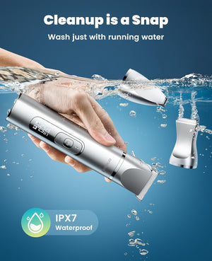 Hand holding a grooming tool with water splashes and text indicating it's IPX7 waterproof.