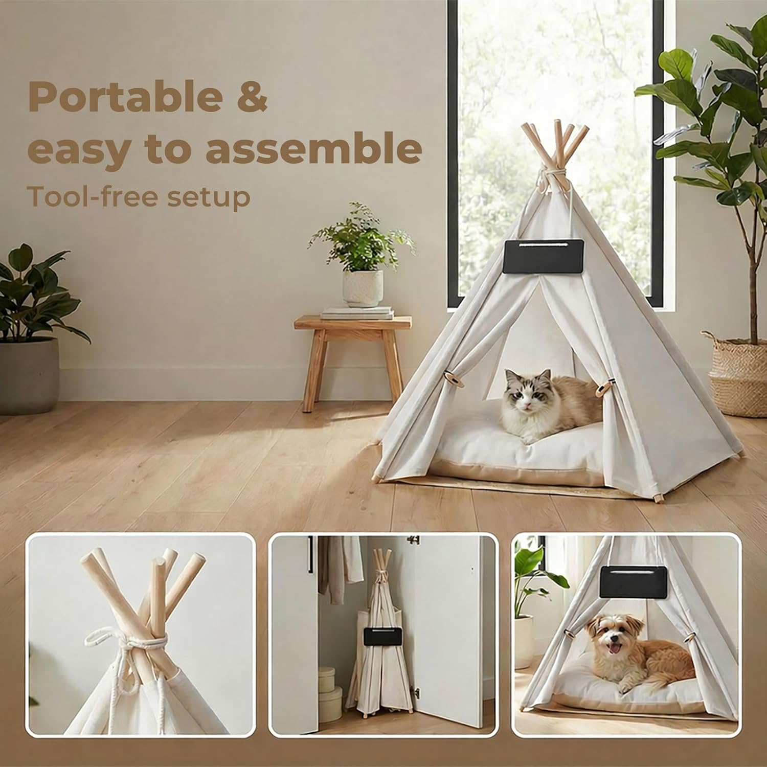 Pet teepee with text about portability and assembly, placed in a room with plants and a window at Pet Servo