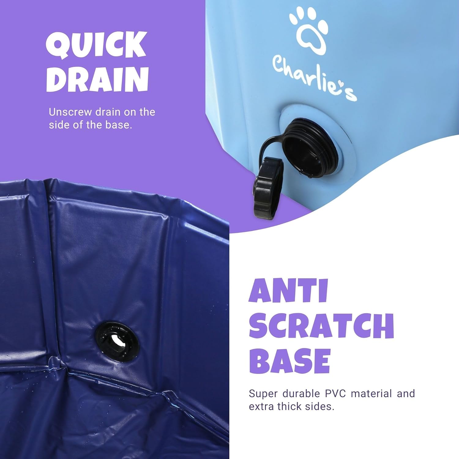 Blue inflatable pool with quick drain feature and Charlie's brand logo on a purple and white background at Pet Servo