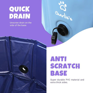 Blue inflatable pool with quick drain feature and Charlie's brand logo on a purple and white background at Pet Servo