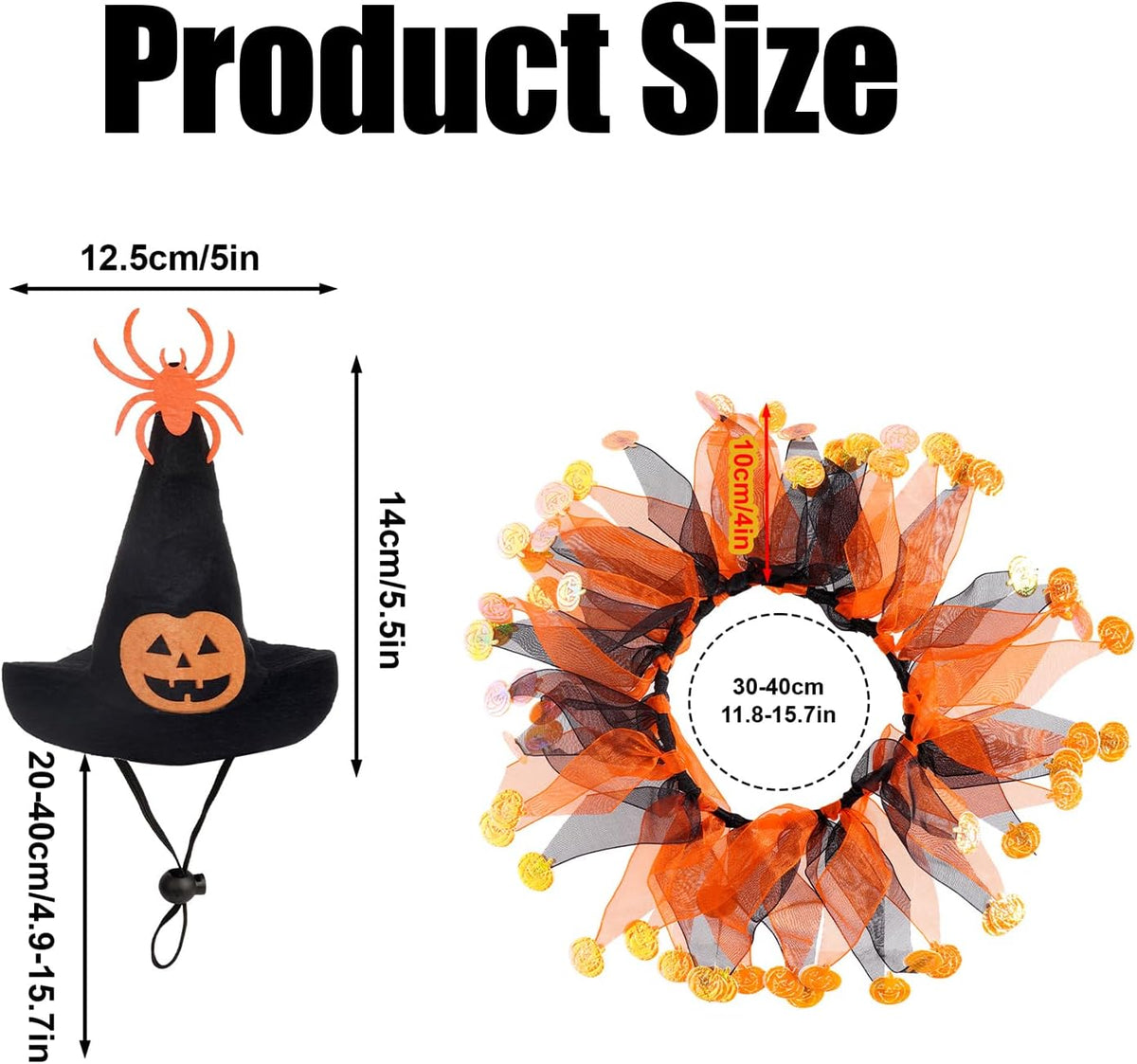 Product size diagram showing a Halloween witch hat decoration on the left with dimensions 12.5cm by 14cm, and an orange mesh wreath decoration on the right with dimensions 30-40cm, on a white background with the heading 'Product Size' at Pet Servo