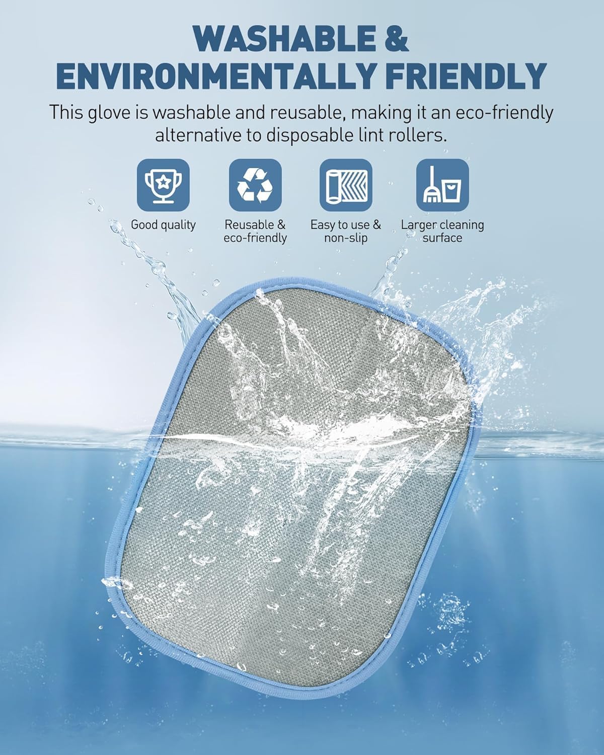Washable glove with text highlighting its eco-friendly and reusable properties on a blue background at Pet Servo