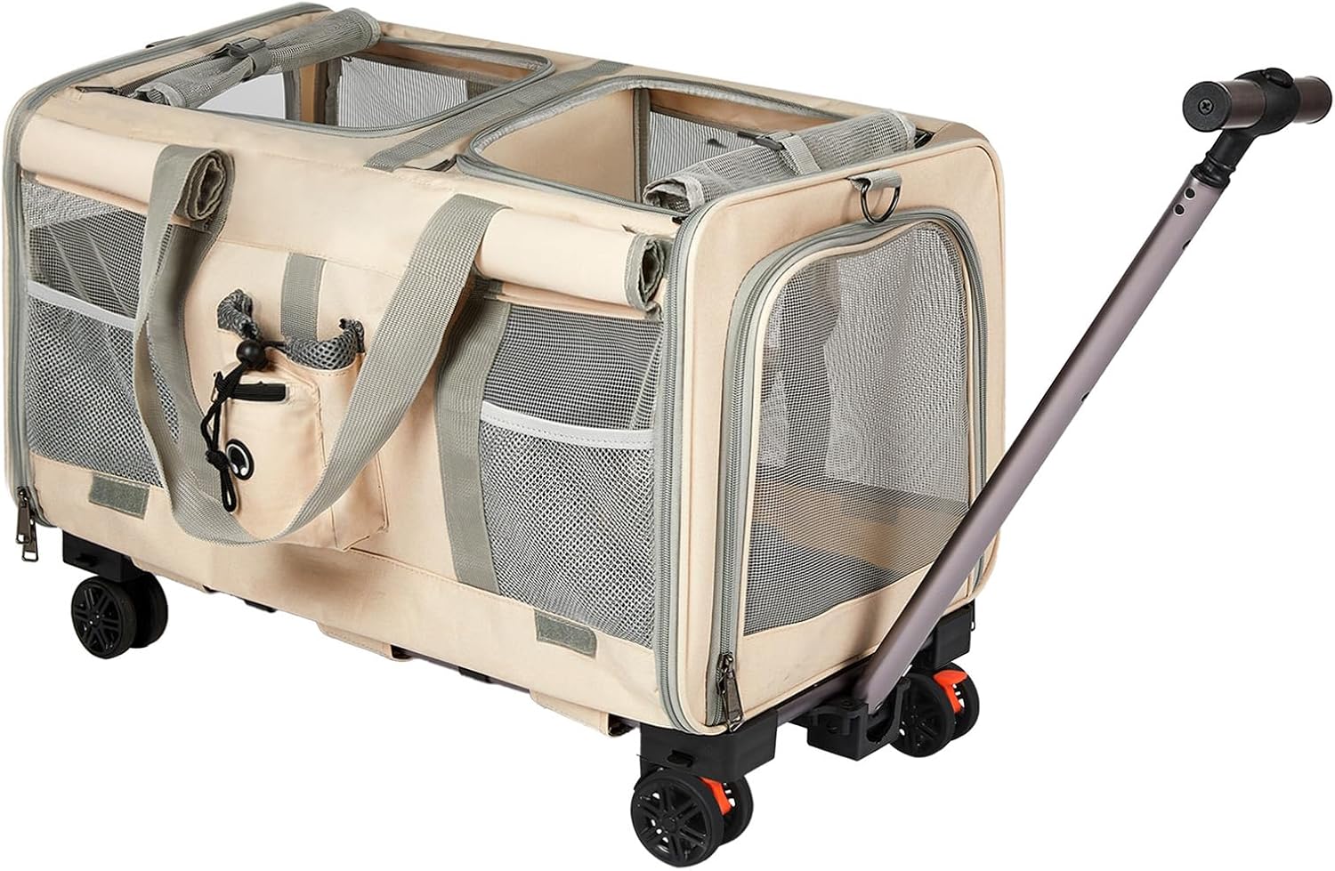 Beige and gray pet carrier wagon with mesh windows, side pockets, and a telescoping handle on a white background at Pet Servo