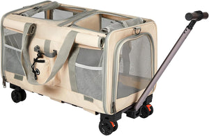 Beige and gray pet carrier wagon with mesh windows, side pockets, and a telescoping handle on a white background at Pet Servo