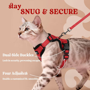 Cat wearing a red harness with text highlighting features on a beige background at Pet Servo