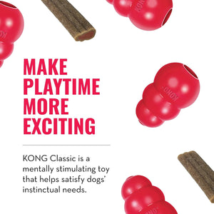 Promotional graphic for a KONG Classic dog toy, featuring several red rubber cone toys and brown treat sticks scattered on a white background with bold pink and black text reading 'MAKE PLAYTIME MORE EXCITING' and a product description below at Pet Servo