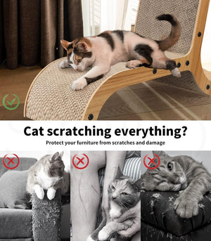 A collage promoting a cat scratching furniture protector. The top panel shows a calico cat lying on a scratching chair in a real indoor setting at Pet Servo