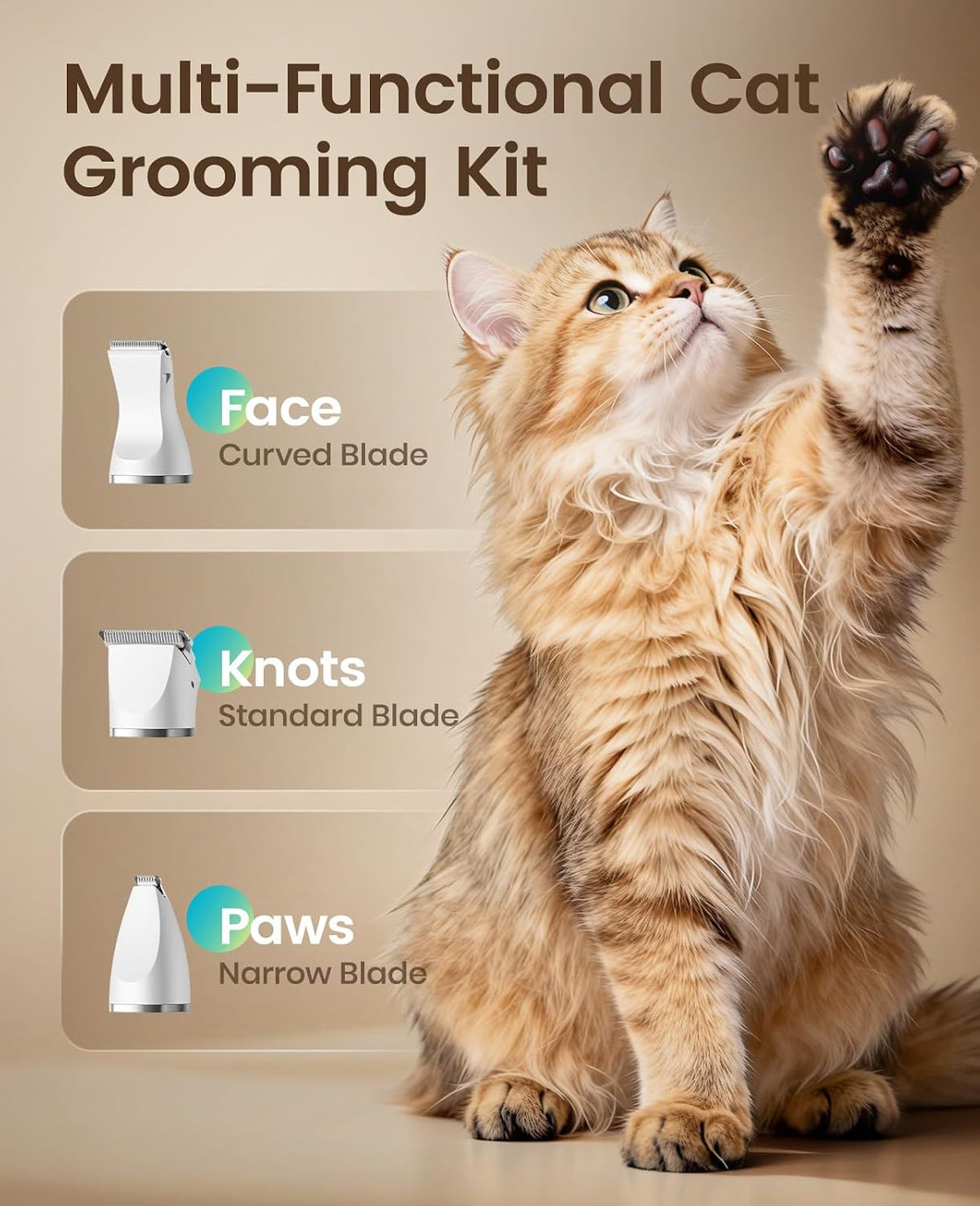 Cat grooming kit with blades and a cat on a beige background