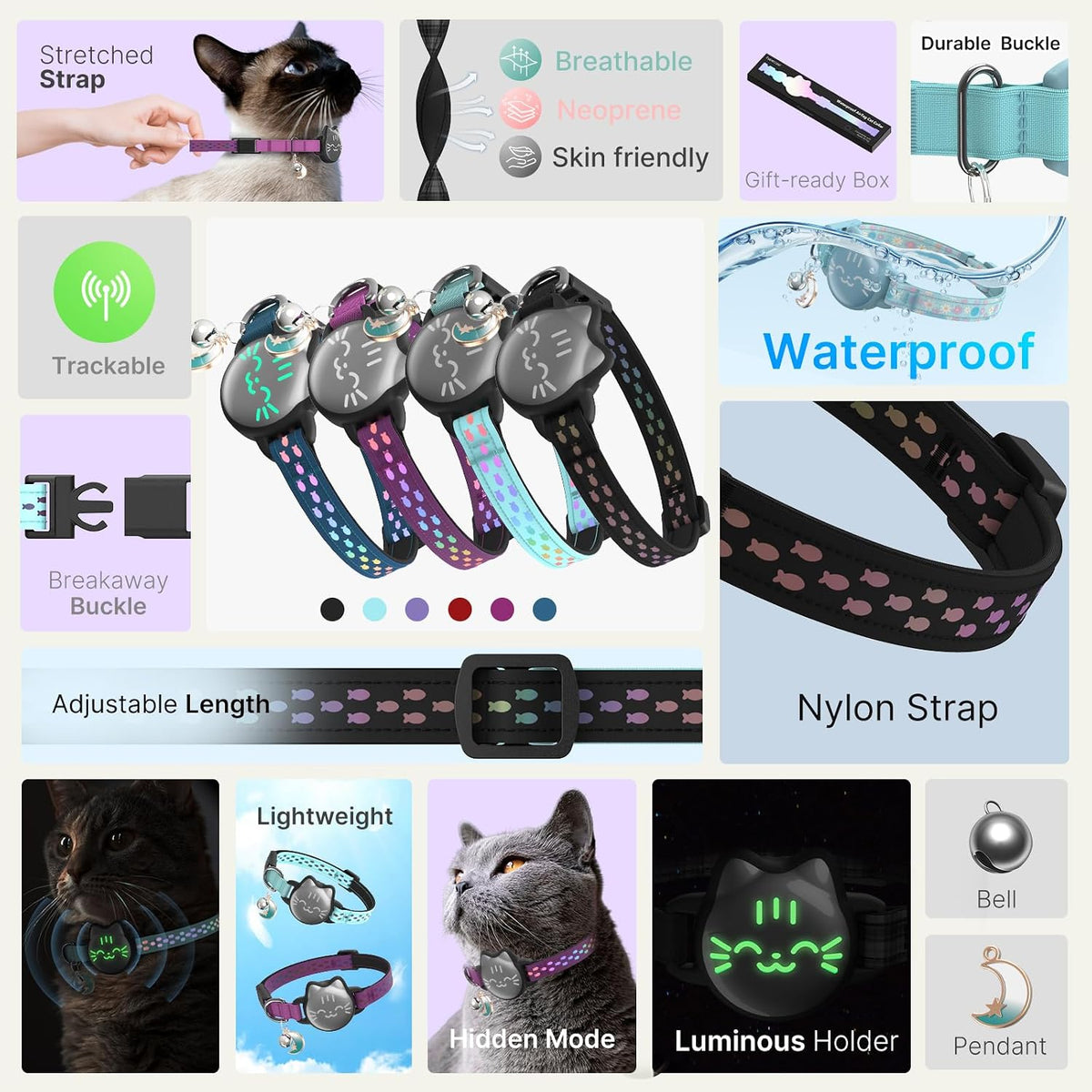 A collage-style product listing graphic for a smart pet collar. The image includes a cat wearing the collar, close-ups of the collar hardware and strap, feature callouts such as stretch strap, breathable neoprene, skin-friendly material, durable buckle, trackable, waterproof, adjustable length, nylon strap, lightweight, hidden mode, luminous holder, bell, and pendant at Pet Servo